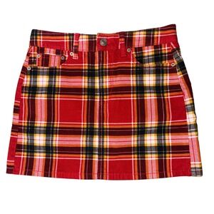 American Eagle Plaid Corduroy Mini Skirt size 2 Red Orange Super Stretch y2k
